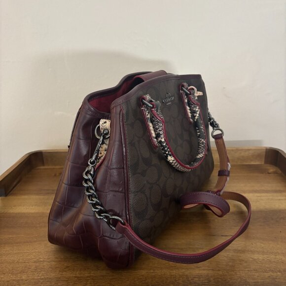 Coach Margot Signature Brown Coated Canvas Snakeskin Crocodile Embossed Satchel - Picture 2 of 11